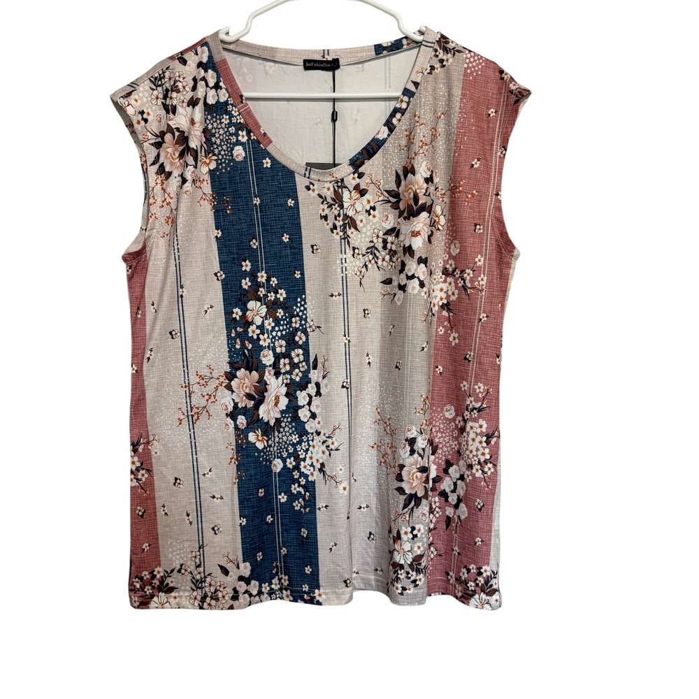 JustFashionNow Womens Floral Stripe Jersey Sleeveless Top XL Blue Pink 1364855#